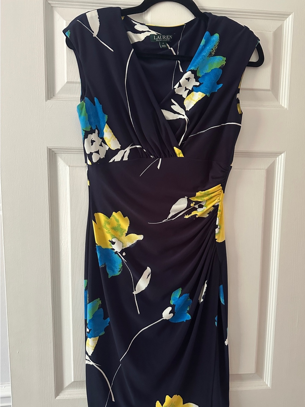 Ralph Lauren Navy Floral V-Neck Sheath Dress with Blue and Yellow Blooms